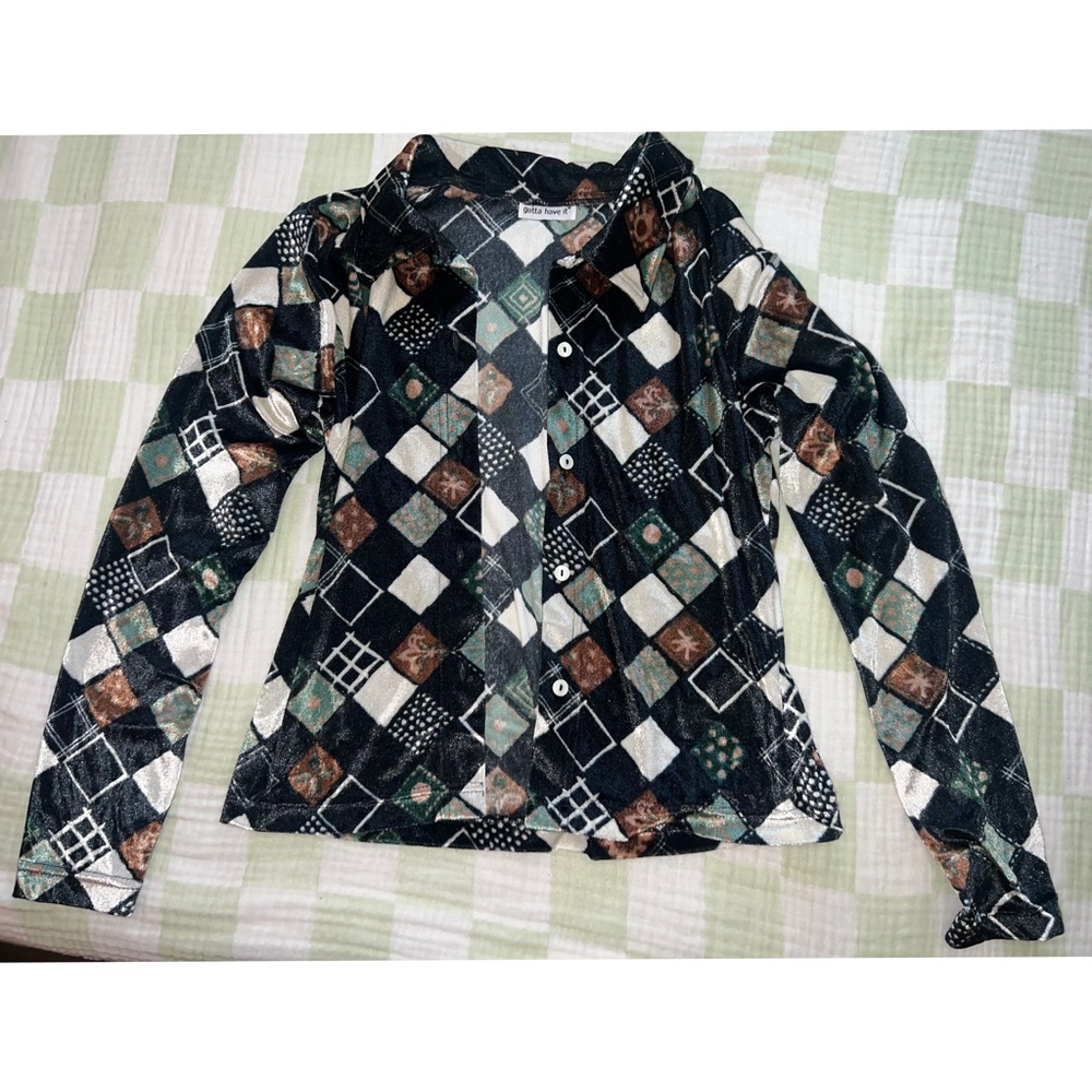 Geometric Patterned Velvet Button-Up Shirt - image 1